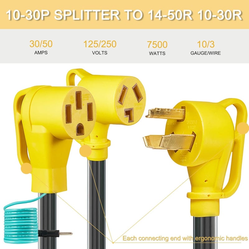 Suplevel 30 Amp Dryer Y Splitter to RV/EV, NEMA 10-30P to 14-50R/10-30R Splitter Power Adapter Cord, Dryer 3-Prong 30 AMP Y Adapter Cable for EV Charging at Dryer Outlet, STW 10 AWG, 3 FT, ETL Listed - Image 2